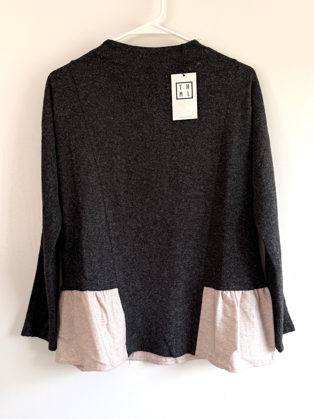 THML Charcoal Long-Sleeve Sweater with Cream Peplum Hem Work Office Quiet Luxury